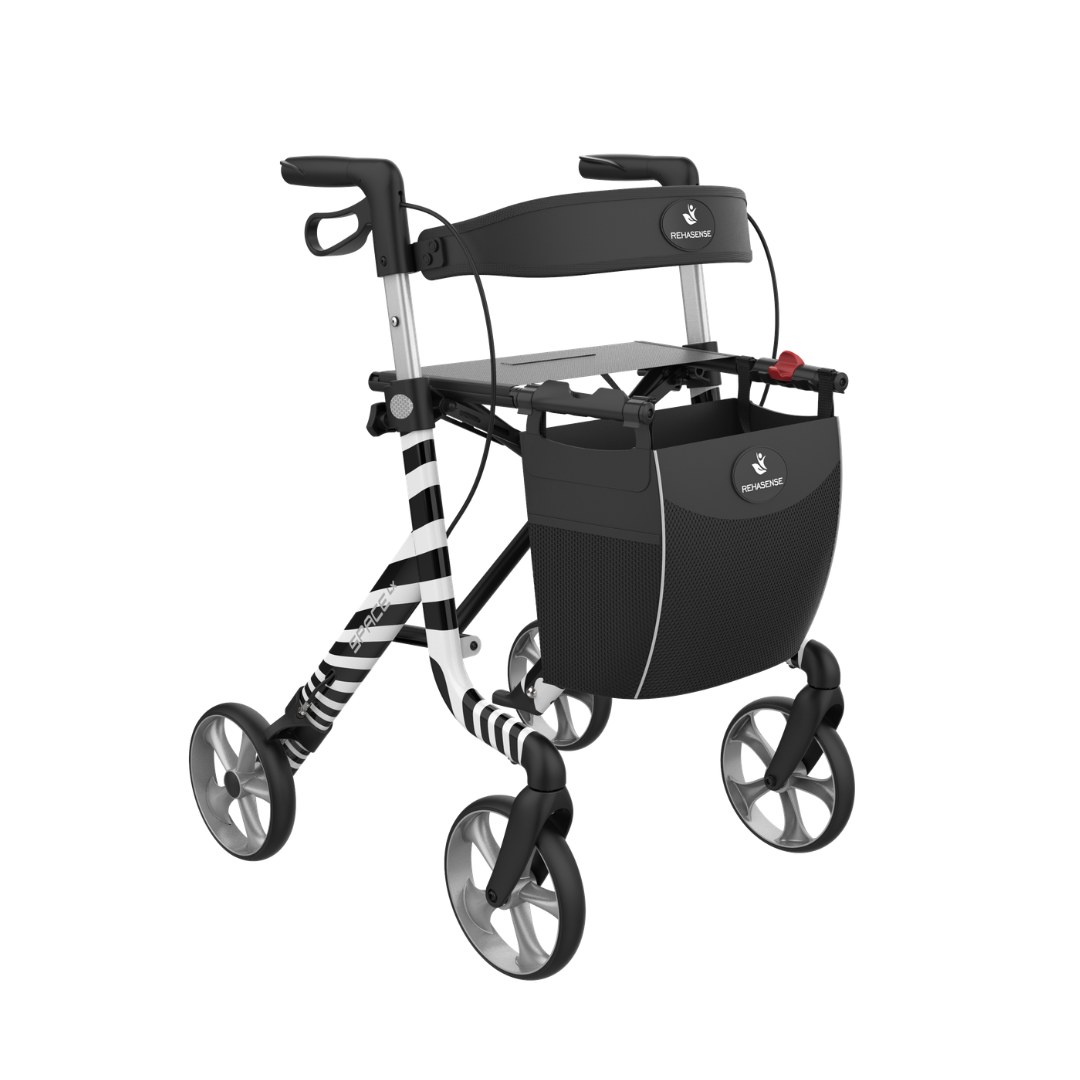 The Rehasense Space LX Art Deco Ultralight Rollator features a black and white stripe design, four wheels, ergonomic handles, a padded seat, and a spacious front storage bag—combining stylish support with on-the-go convenience.